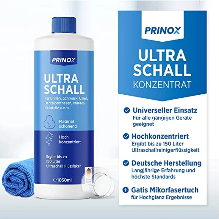 Prinox Ultraschallreiniger Konzentrat inkl. Mikrofasertuch I Extrem ergiebig, 700 Bäder je Flasche - Für Brille, Schmuck, Gebiss, Kleinteile – Bild 6