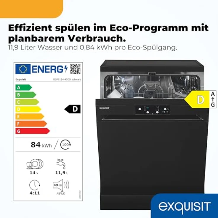 Exquisit GSP59114-451D, Geschirrspüler mit 14 Maßgedecken, 4 Programmen, Energieklasse D, 49 dB, schwarz – Bild 2