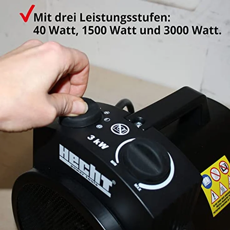 HECHT Heizlüfter 3000 Watt, mobile Elektro-Heizung mit 3 Leistungsstufen, Thermostat und Überhitzungsschutz für Baustellen, Garagen und Wohnräume – Bild 2