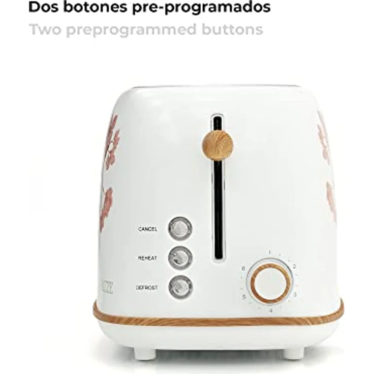 Caprizze Kaito Toaster, extra breiter Doppelschlitz 3,8 cm / 13,5 cm, 6 Toaststufen, Blumendekor und Holzeffekt, mattweiß – Bild 3