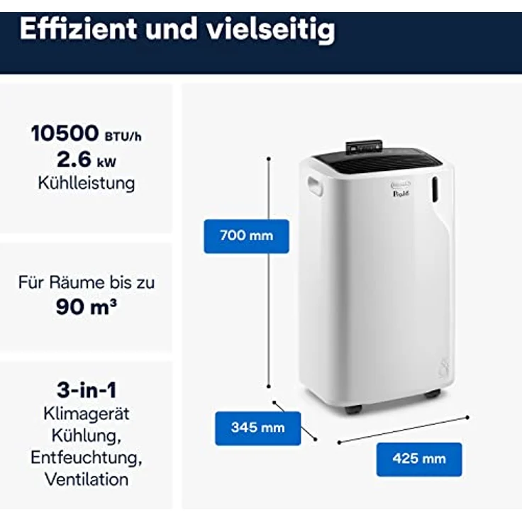 De'Longhi Pinguino PAC EM93 Silent, mobile Klimaanlage für Räume bis 90 m³, 10.500 BTU/h, 2,6 kW, Entfeuchtungsfunktion, Energieklasse A, 24h-Timer, Weiß – Bild 2