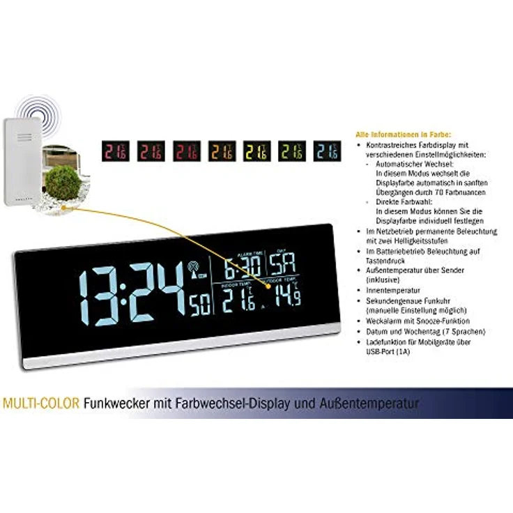 TFA Dostmann Multi-Color Digitaler Funk-Wecker mit Farbwechsel (70 Nuancen), 60.2548, Ladefunktion für Smartphones (USB), Außentemperatur, Kunststoff, schwarz – Bild 4