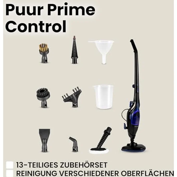 Zeegma Dampfmopp Handdampfreiniger Puur Prime Control, 13 in 1 Düsenset, reinigungsmittelfreie Reinigung, klappbar, 1500 W, 400 ml, ideal für Böden, Teppiche, Fliesen und Fenster – Bild 5