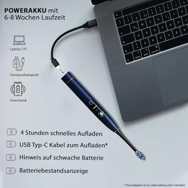 Tristan Auron Smart One Elektrische Schallzahnbürste – 48.000 Schwingungen, 5 Modi, Farbdisplay, USB-C, 6-8 Wochen Akku, IPX7 wasserdicht + 2 Aufsätze mit Schutzhülle SmartOne (Blau) – Bild 3