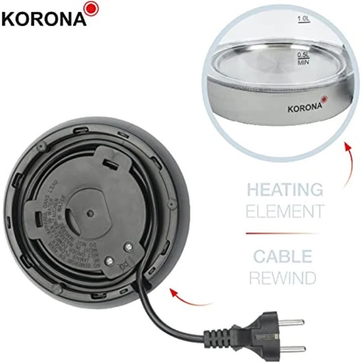 Korona 20608 Glas-Wasserkocher, 2200 Watt, 1,2 Liter, LED-Beleuchtung, verdecktes Heizelement, Kalkfilter, silber, schwarz – Bild 6