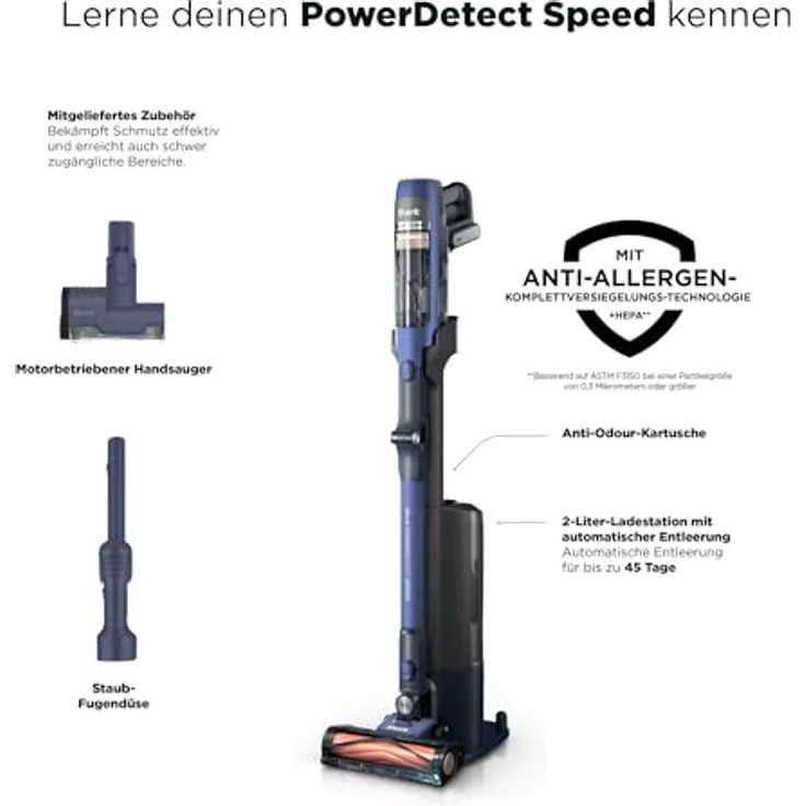 Shark PowerDetect Speed IA3241EUT Akku-Staubsauger, 350 Watt, 60 Min. Laufzeit, beutellos, HEPA-Filter, Lithium-Ionen, blau – Bild 12