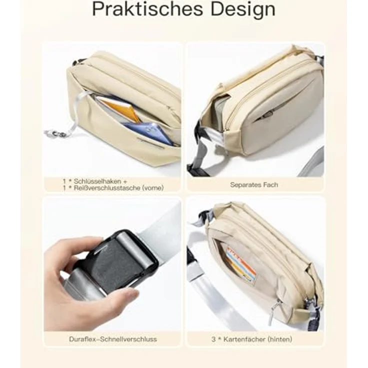 Inateck Kompakt Bauchtasche 3L, Wasserdichte Sling Bag für Herren und Damen, Schwarz mit organisierter Aufbewahrung für Alltag, Reise und Wandern – Bild 3