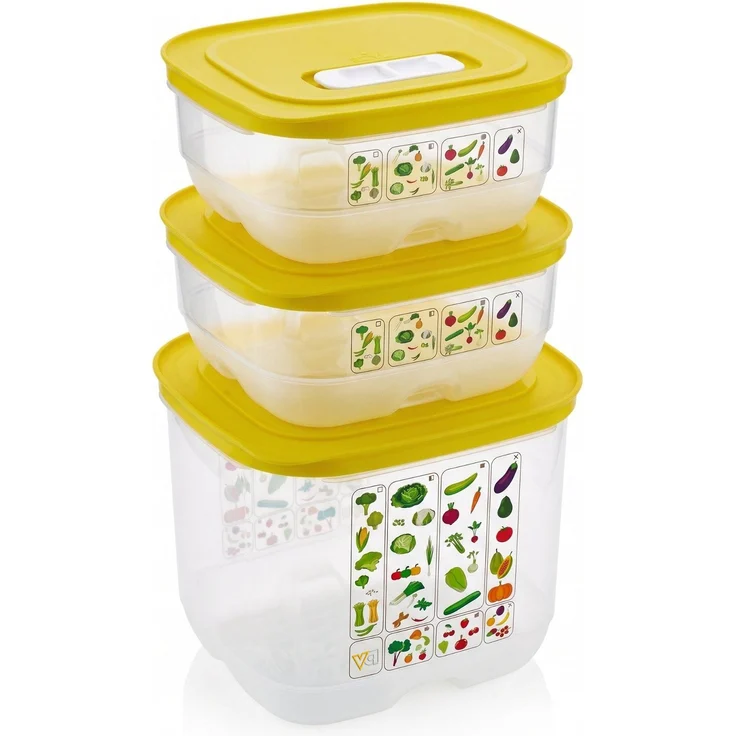 Vip Ahmet Frischhaltedosen-Set für Obst und Gemüse, 3-teilig, 2 x 0,8 L + 1 x 2 L, regulierbare Belüftung, Gelb