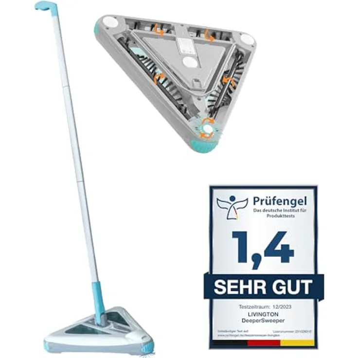 Livington Deeper Sweeper - kabelloser Akku Bodenreiniger mit 4 rotierenden Bürsten - Triangle-Design - elektrischer Kehrbesen mit LED-Licht - Akkubesen ohne Beutel - Flexibler Schwenkkopf - Besen