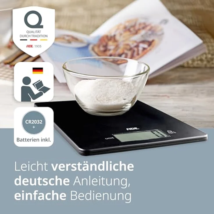 ADE Digitale Küchenwaage KE 1800-4 Leonie (Elektronische Waage für Küche und Haushalt, extrem flach, präzises Wiegen bis 5 kg, Zuwiegefunktion) schwarz – Bild 8