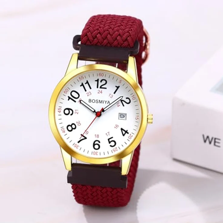 JewelryWe Damenuhr Herrenuhr Geflochten Elastisch, Kalender Analog Quarz Armbanduhr mit 12/24 Stunden Zifferblatt, Weinrot Gewebt Stretcharmband, für Senioren – Bild 2