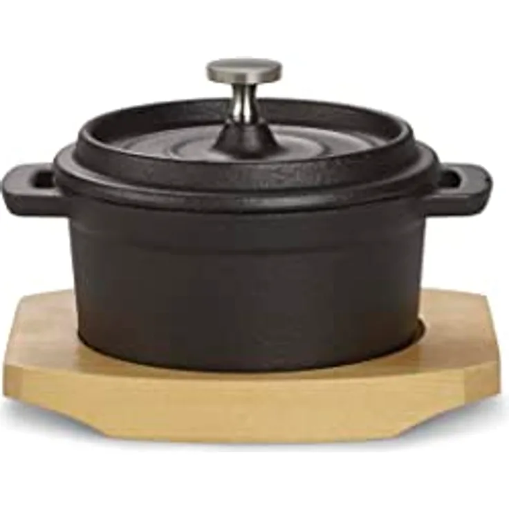 ECHTWERK Mini-Kochtopf aus Gusseisen mit Servierbrett, bereits eingebrannt, 250 ml, ideal für Backöfen, Grill, BBQ und Induktion, LANGLEBIG und STILVOLL_SERVIEREN