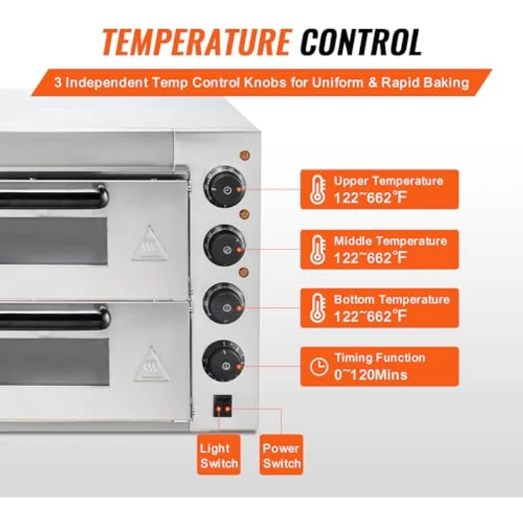 VEVOR Kommerzieller Pizzaofen Backofen 2-lagig 356 mm, elektrischer Pizzaofen aus Edelstahl mit vier Drehknöpfen, Mehrzweck-Pizzamaker Indoor, Silber – Bild 4