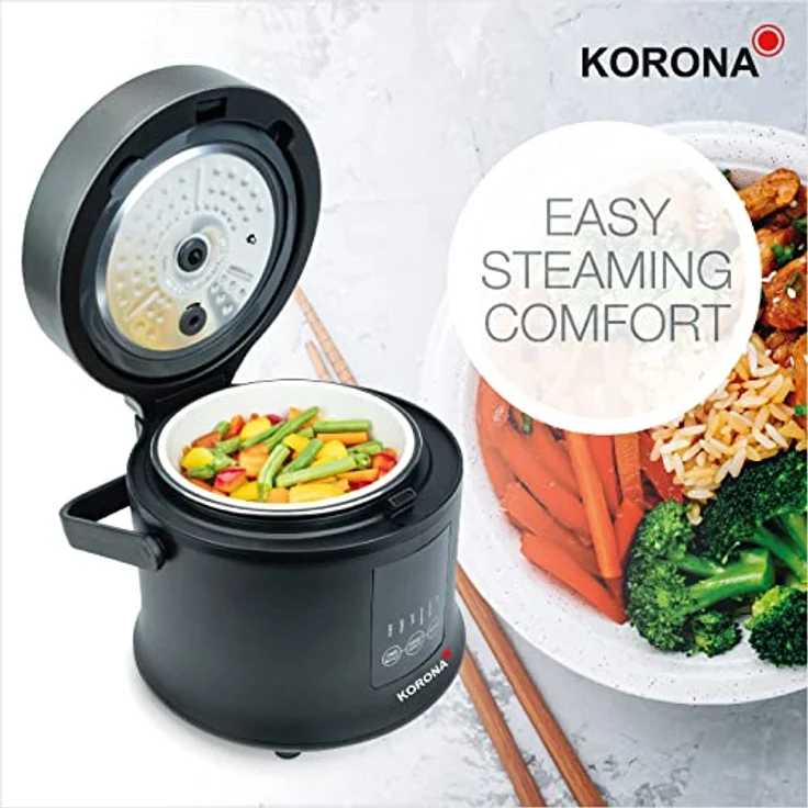 Korona 58011 Reiskocher, 300 Watt, 1,6 Liter, Dampfgarer, Warmhaltefunktion, LED Display, Touch, Buttons, Antihaftbeschichtung, Messbecher, schwarz – Bild 6