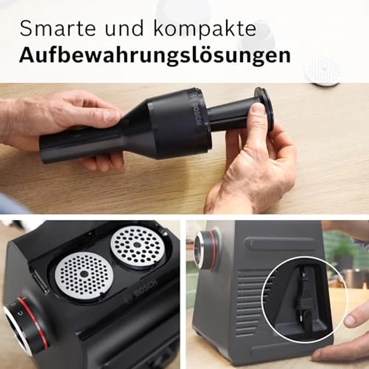 BOSCH Fleischwolf Serie 6 MFWS682B, 3,5kg/Min., Zitruspresse, Raspel, Wurststopfer, 500 W, 2 Lochscheiben (3&8mm), 10 J Motorgarantie, Planetengetriebe, schwarz – Bild 7