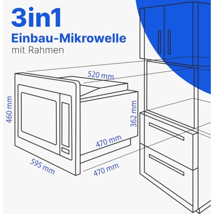 Bomann® MWG 2216 H EB, Einbaumikrowelle mit Grill und Heißluft, 25L, 900W Mikrowelle, 1100W Grill, 2500W Heißluft, schwarz – Bild 3