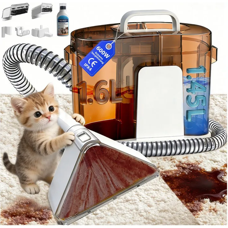 Grenintol C1 Teppichreinigungsgerät, 600 W Waschsauger mit 25.000 Pa Saugkraft, tragbar, Doppeltanksystem, 3-in-1 Zubehör, Selbstreinigungsfunktion, inkl. Reinigungsmittel