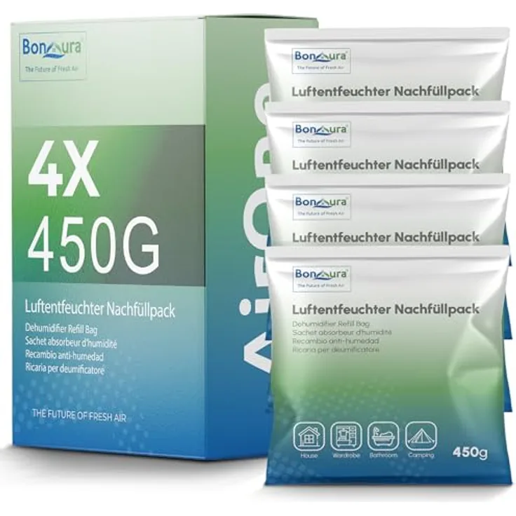 BonAura Luftentfeuchter-Nachfüllpack, Granulat im Vliesbeutel, 450g pro Stück, geruchsneutral, 2er-, 4er- oder 6er Set