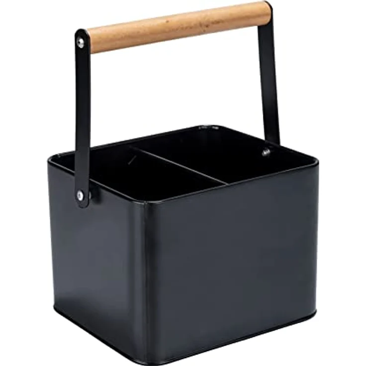 WENKO Utensilienkorb Baco, Black Outdoor Kitchen Zubehör, robuster Tragekorb aus pulverbeschichtetem schwarzem Metall mit flexiblem Holzgriff, ideal für den Transport von Saucen, 18 x 25,5 x 15 cm – Bild 1