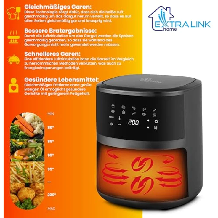 Extralink Home Air Fryer 4,2 L, Heißluftfritteuse mit berührungsempfindlicher Steuerung und Sicherheitsfunktionen, schwarz – Bild 5