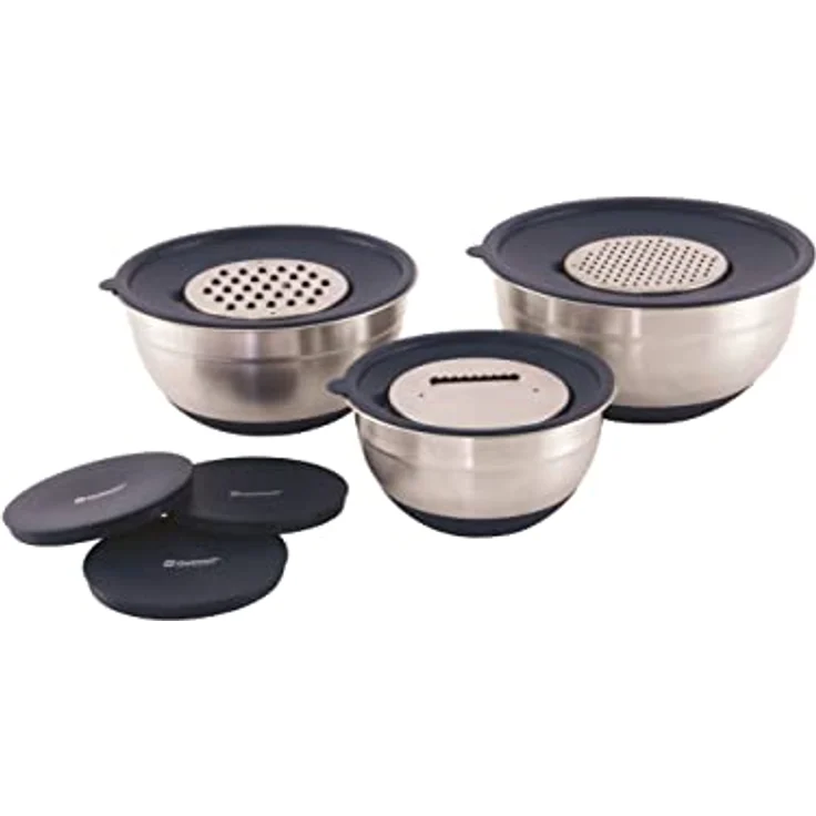 Outwell Chef Schüssel-Set, 3 Rührschüsseln mit Deckeln und Reiben, rutschfeste Silikonböden, Silber – Bild 4