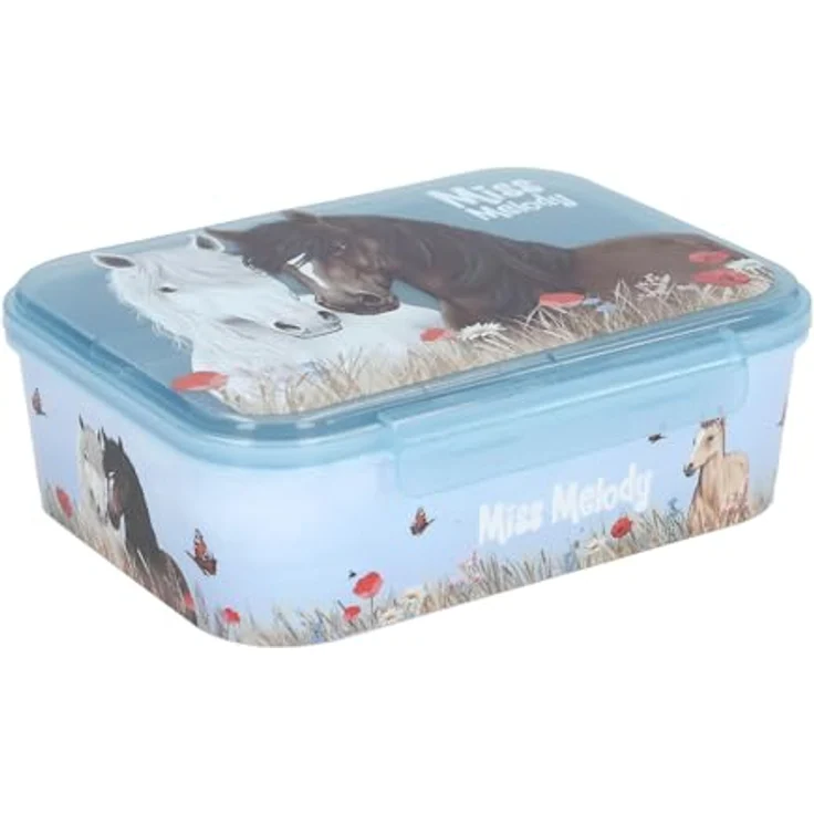 Depesche 13398 Miss Melody Dusty Rose, Lunchbox in Hellblau mit Pferde Motiv und Mohnblumen, 3 Fächer und transparenter Deckel – Bild 2