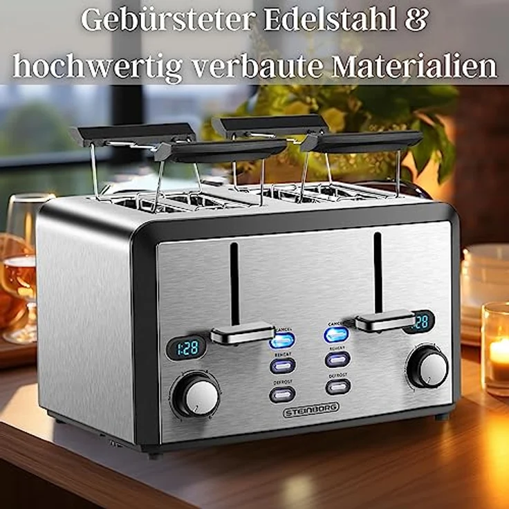 XXL Toaster 4 Toastschlitze | Toastautomat | XXL Toaster | 1600 Watt | 6-Stufen Bräuneregler | 2x Brötchenaufsatz | Auftau-Funktion | 2x Krümelschubladen | Edelstahl | 4-Fach Toaster | LED Displays – Bild 3