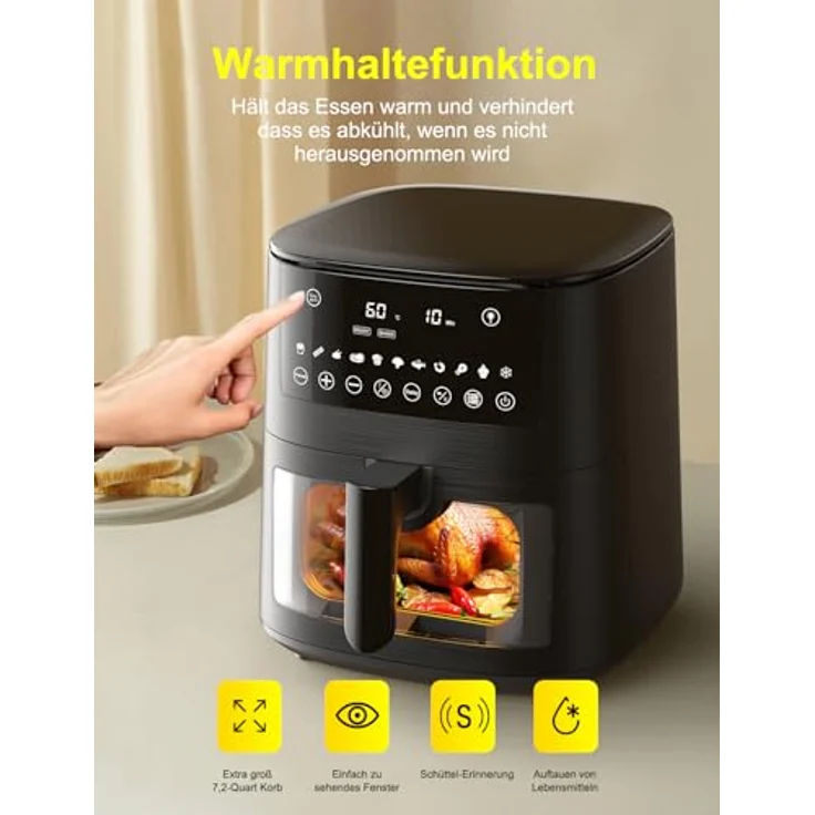 cookwise Heißluftfritteuse Airfryer XXL 7,2L, 11-in-1 mit Sichtfenster, Warmhalte- und Vorheizfunktion, Timer, öl- und fettfreies Kochen – Bild 4