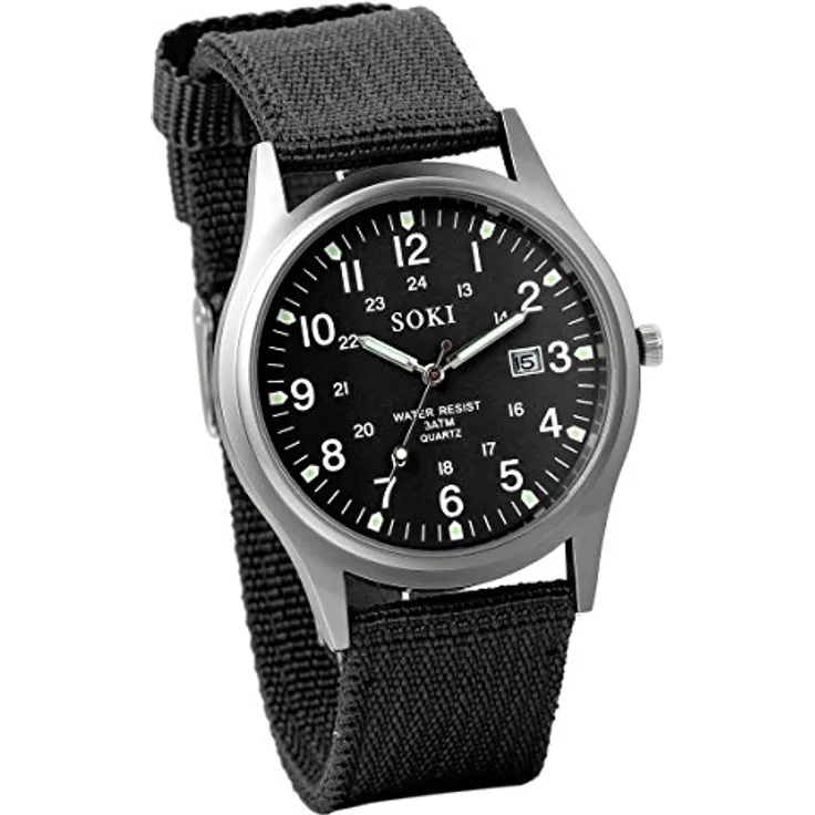 JewelryWe Herrenuhr Leuchtende Militär Uhr, Analog Quarz Armbanduhr mit Kalender, Schwarz, Nylon Textil Armband, 12/24H große Zahlen, Wasserdicht