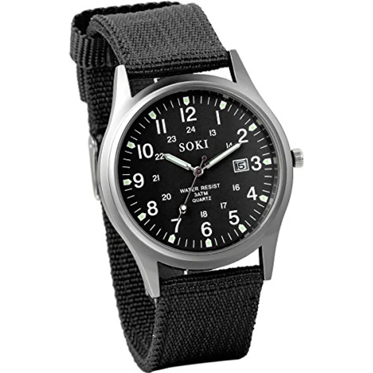 JewelryWe Herrenuhr Leuchtende Militär Uhr, Analog Quarz Armbanduhr mit Kalender, Schwarz, Nylon Textil Armband, 12/24H große Zahlen, Wasserdicht – Bild 1