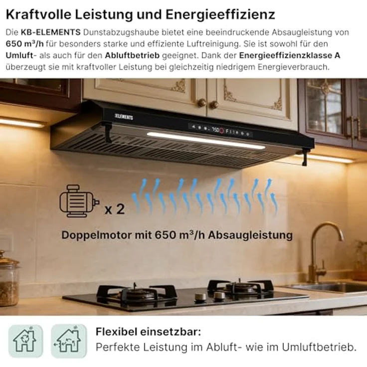 KB ELEMENTS Dunstabzugshaube 60cm, Umluft/Abluft mit 650m³/h, Doppelter Motor, Touch-Gestensteuerung und Multifunktionalem Touch Display – Bild 2