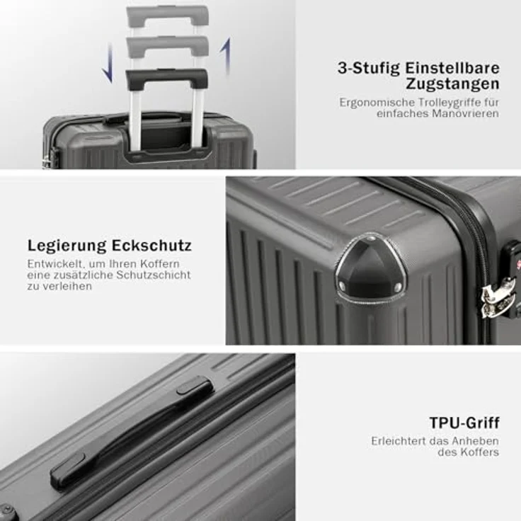 COOLIFE Kofferset, 3-teiliges Hartschalen-Reisekofferset aus ABS mit TSA-Schloss, Teleskopgriff und 4 Zwillingsrollen, schwarz – Bild 4