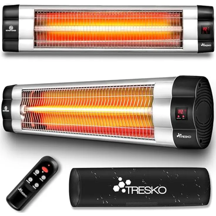 TRESKO Infrarot Heizstrahler 2500W mit Fernbedienung | Wärmestrahler Terrasse elektrisch mit 3 Heizstufen | Terrassenstrahler Innen & Außen | Wand-Infrarotstrahler mit LED-Anzeige Quarzstrahler