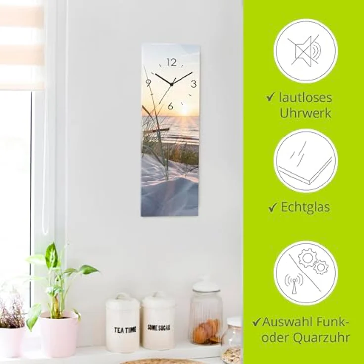 ARTLAND Wanduhr ohne Tickgeräusche Glas Funkuhr 20x60 cm Rechteckig Lautlos Strand Meer Ostsee Sonne Sonnenuntergang Maritim T9QU – Bild 2