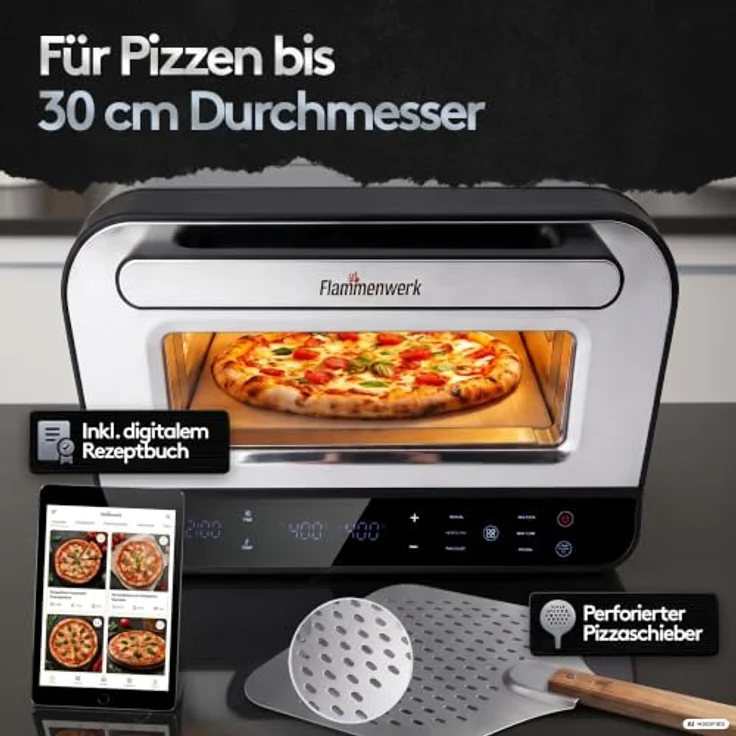 Flammenwerk Pizzaofen elektrisch, 1700 W mit Cordierit-Pizzastein und Pizzaschieber, Schwarz, bis 450 °C, mit Backprogrammen – Bild 7