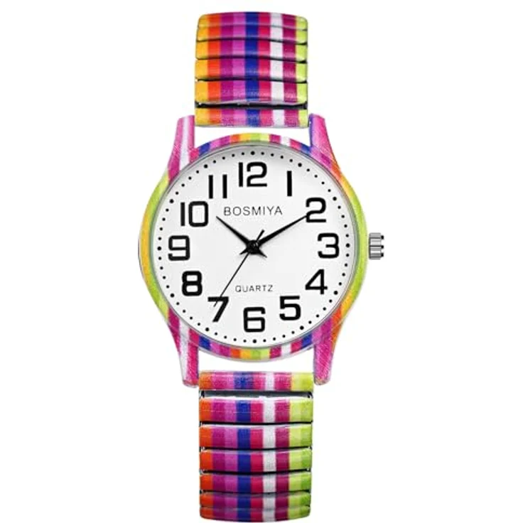 JewelryWe Regenbogen Damenuhr, Boho Armbanduhr mit elastischem Edelstahlband, große arabische Ziffern, 10M wasserdicht, LGBTQ Pride Design – Bild 1