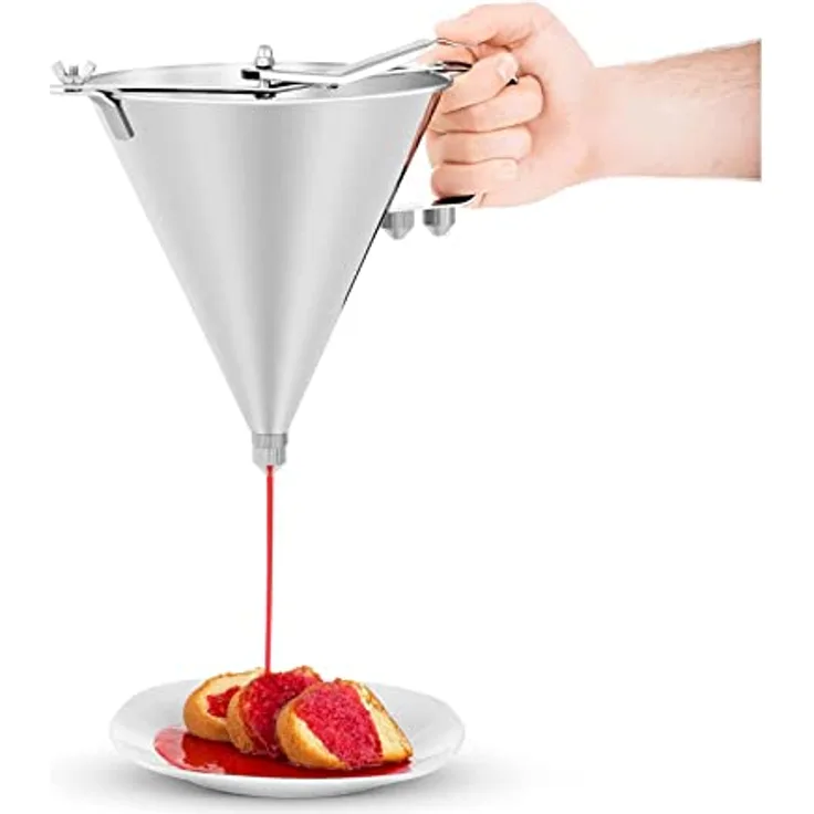 Royal Catering RCOF-2 Fülltrichter Edelstahl, 2 L Likörtrichter mit verschließbarem Auslauf, 3 Füllspitzen Ø 4/5/6 mm, inkl. Ablageständer