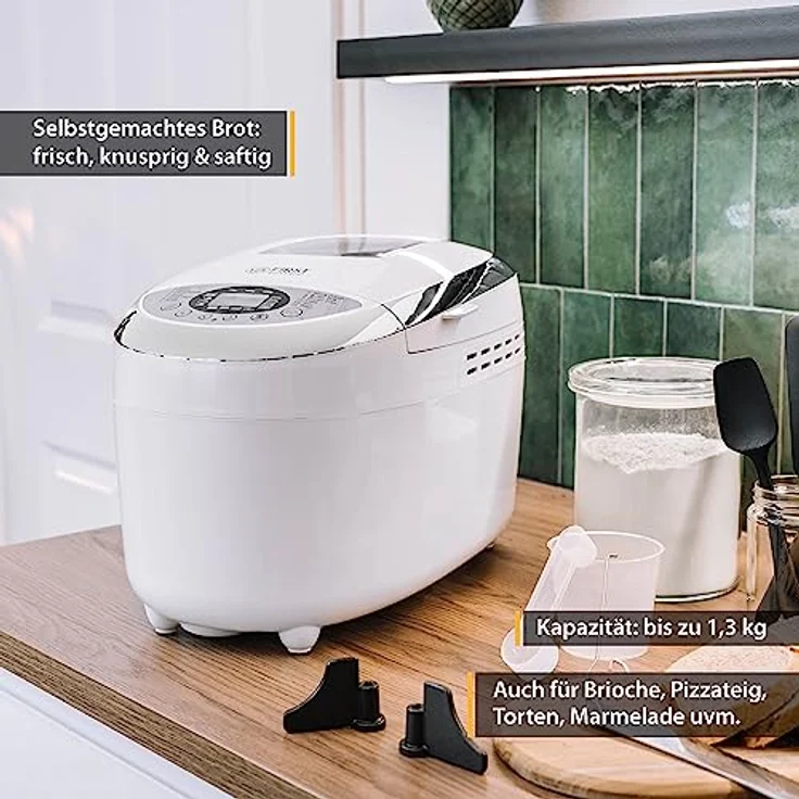TZS First Austria Brotbackautomat, 850W, 12 Automatik-Programmen, 2 Knethaken, Teig-Programm, Marmelade-Programm, Glutenfrei-Programm, Bräunungsgrad, Start-Verzögerungs-Funktion, weiß – Bild 3