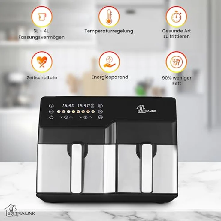 Extralink Home Luftfriteuse SJ-1000, 10L (6L+4L) Heissluftfritteuse mit 2500W und Fettreduzierung um bis zu 90% – Bild 2