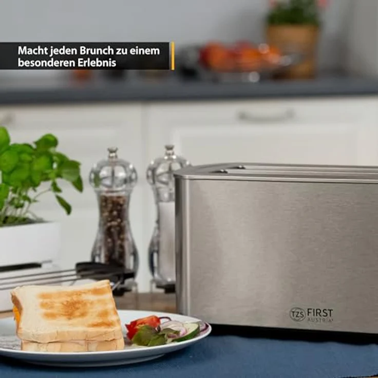 TZS First Austria FA-5367-5 Doppel-Langschlitz Toaster - 4 Scheiben, 1400W, Brötchenwärmer, Krümelablage, edelstahl – Bild 6