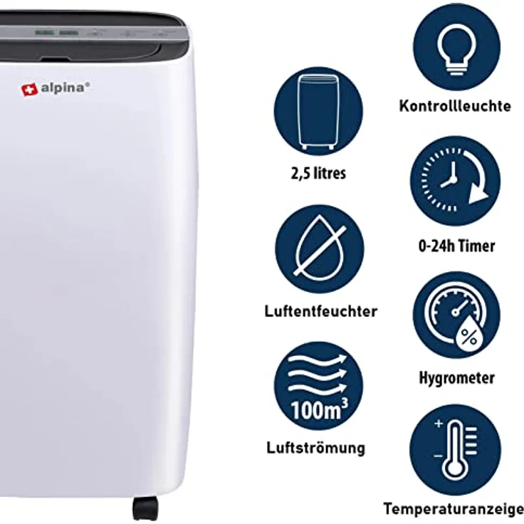 JUNG Alpina Luftentfeuchter elektrisch 220W, Extra leise, bis 100M³, Timer, bis 10 L täglich – Bild 2
