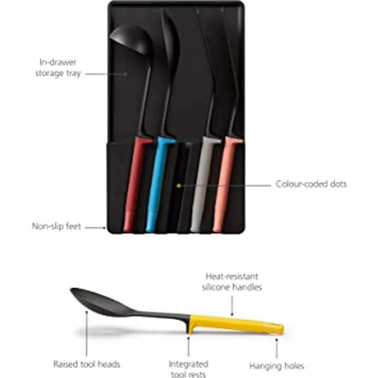 Joseph Joseph Elevate Utensilien in der Schublade Küchenhelfer-Set, 5-teilig inklusive Löffel, Pfannenwender, Schöpfkelle, mehrfarbig – Bild 3