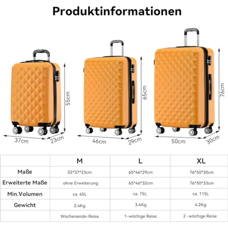 BEIBYE Trolley Koffer Kofferset Hartschale mit 4 Zwillingsrollen, integriertes Sicherheits-Zahlenschloss, orange, Handgepäck (M 55x34x22cm) und erweiterbar (XL und L) – Bild 5
