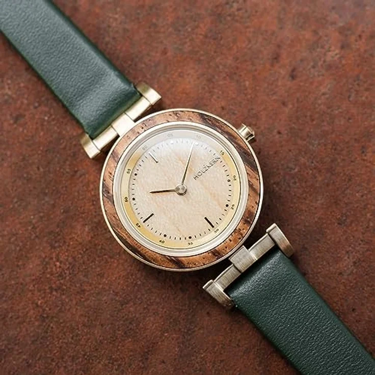 HOLZKERN Damenuhr Quarz Laura Zebrano/Eiche, elegante Armbanduhr mit goldbeschichtetem Edelstahl und grünem Lederband, spritzwassergeschützt – Bild 2