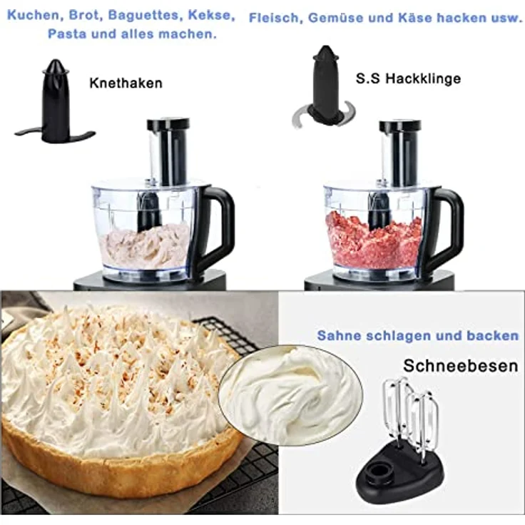 TopStrong Foodprozessor, 1100W, 11 Funktionen, 3,2L und 1,5 Behälter, inkl. Zerkleinerer, Scheidescheibe, Zitruspresse, Knethaken, schwarz – Bild 3