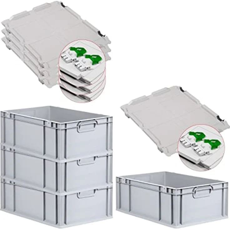 PROREGAL Eurobox NextGen Grip, 4er Set mit Scharnierdeckel, 44 L, grau, für Lebensmittellagerung und Transport, HxBxT 22x40x60cm – Bild 1