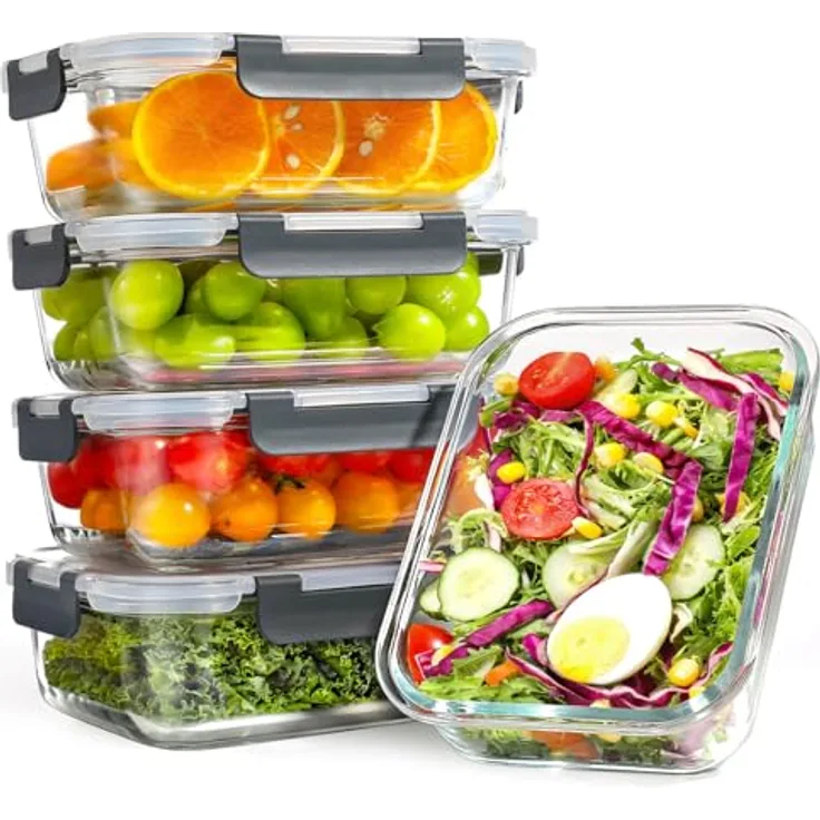 YASHE 5er Set Glasbehälter mit Deckel, 1040ml, Stapelbar & Luftdicht, BPA-frei, Spülmaschinenfest, Mikrowellen- und Gefrierschrankgeeignet