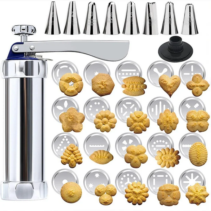 FOUORTUNATE-BEE Gebäckpresse Set mit 20 Motivscheiben & 8 Edelstahl-Tüllen – Keksmaschine für Spritzgebäck, Plätzchen und Dekoration
