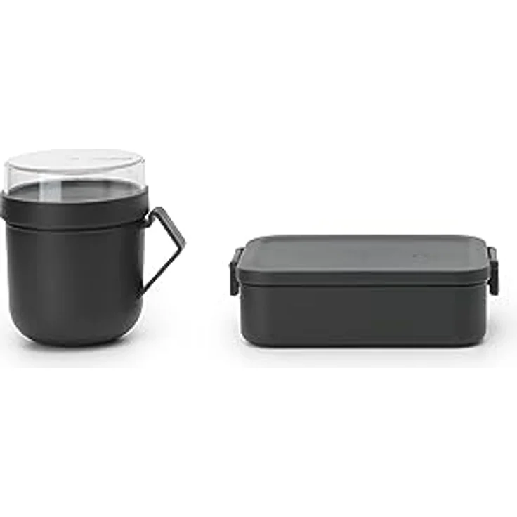 Brabantia Make & Take Lunch-Set, 2er Set: Auslaufsicherer Suppenbecher 0,6L + Lunch Box Medium für Sandwiches, gefriergeeignet, spülmaschinen- & mikrowellenfest, Dark Grey – Bild 1