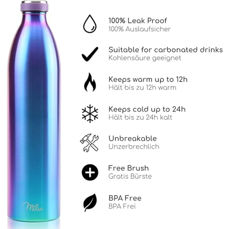 Milu Edelstahl Trinkflasche Aurora 1500ml – Auslaufsichere Thermosflasche für Kinder und Erwachsene, doppelwandige Vakuumisolierung, inkl. Reinigungsbürste – Bild 2